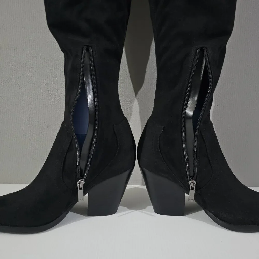 Marc Fisher Cathi Over The Knee Boot Women 7.5 Black Pointed Toe Tall Block Heel